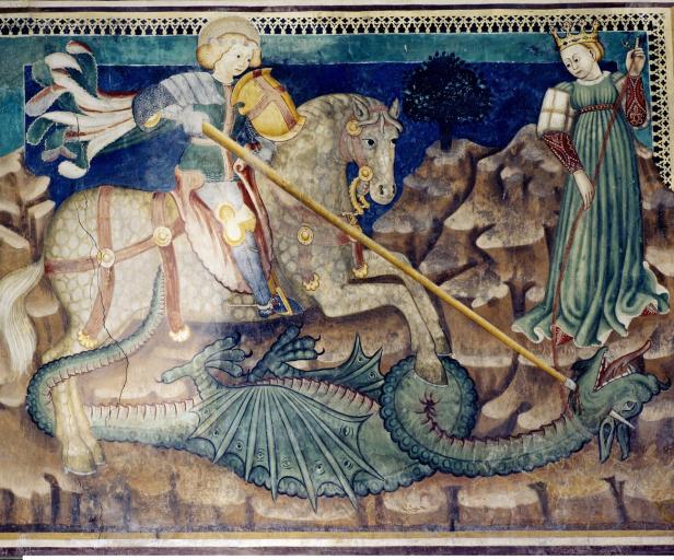 Ein Gemälde zeigt den Heiligen Georg, der einen Drachen mit einer Lanze tötet, während eine Prinzessin zusieht.