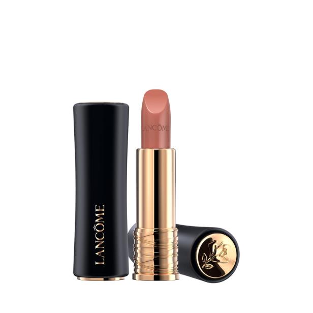 Ein geöffneter Lancôme Lippenstift in einer goldenen Hülse mit schwarzer Kappe.