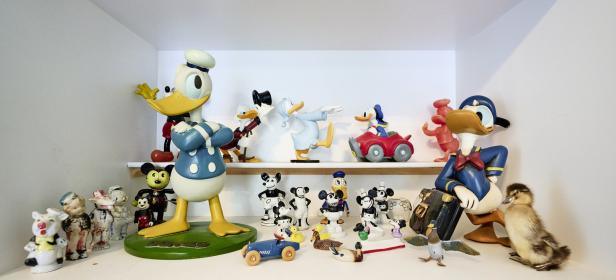 Regal mit einer Sammlung von Donald-Duck-Figuren und anderem Disney-Merchandise.