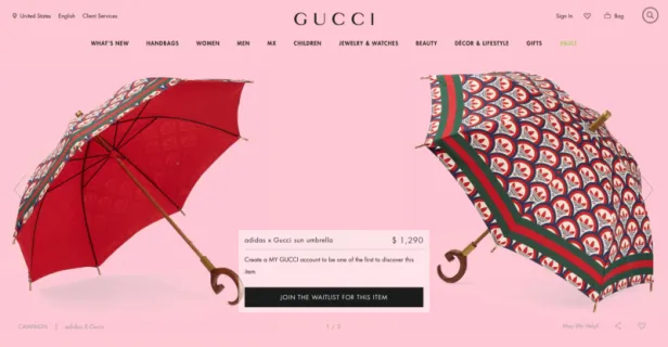 Zwei „Adidas x Gucci“ Sonnenschirme auf einer Produktseite von Gucci.