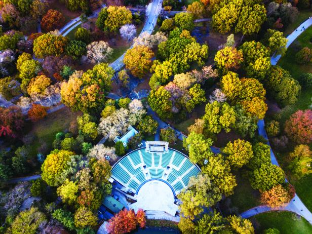Luftaufnahme eines Parks im Herbst mit einem Amphitheater.