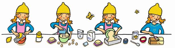 Eine Illustration, die ein Mädchen mit einem Zitronenhut beim Backen zeigt.