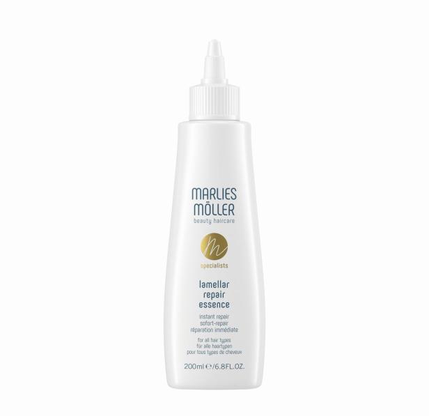 Eine Flasche „Marlies Möller Lamellar Repair Essence“ für alle Haartypen.