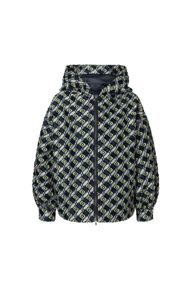 Eine Kapuzenjacke mit einem geometrischen Muster aus Rauten und Quadraten.