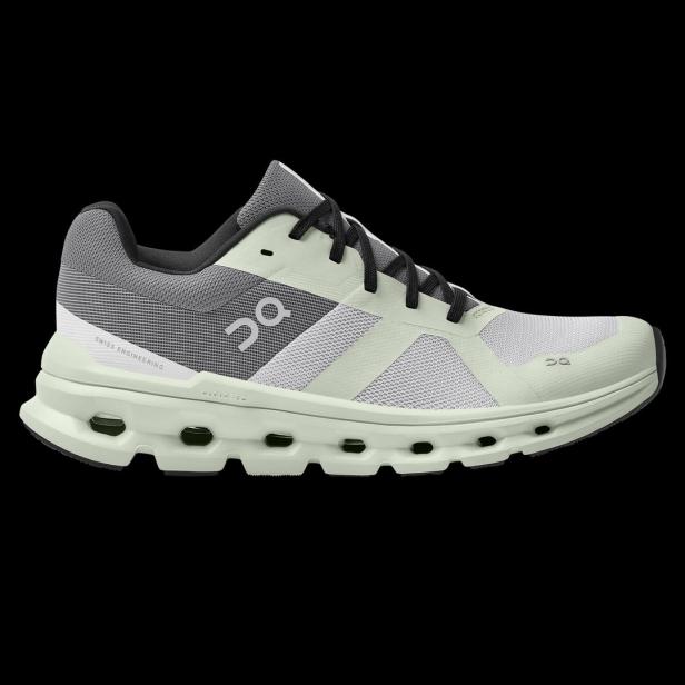 Ein hellgrüner Laufschuh der Marke On mit schwarzer Schnürung.
