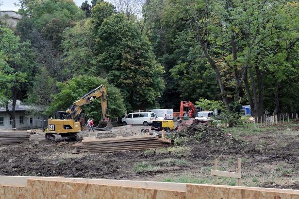 Eine Baustelle mit mehreren Baufahrzeugen und Baumaterialien im Grünen.