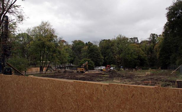 Kids, hockegasse Auf einer Baustelle stehen Bagger und andere Baufahrzeuge.