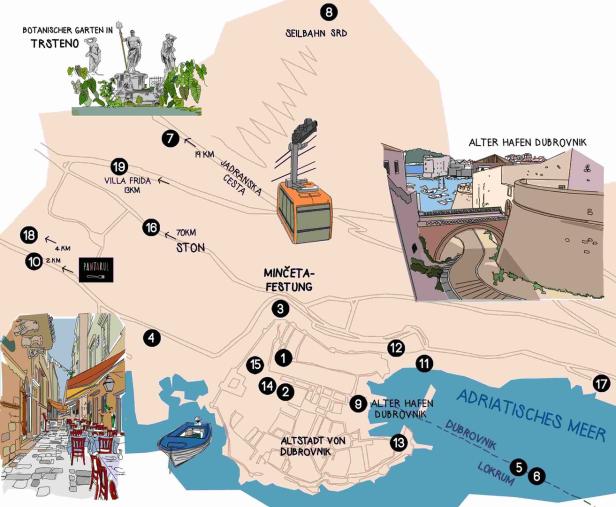 Eine illustrierte Karte von Dubrovnik und Umgebung mit Sehenswürdigkeiten und Entfernungsangaben.