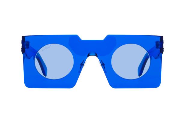Eine blaue „Off-White“-Sonnenbrille mit runden Gläsern.