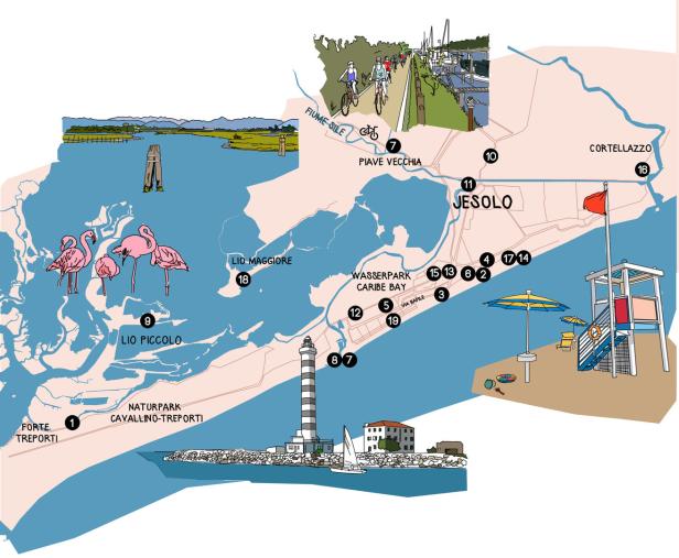 Eine illustrierte Karte der Region um Jesolo, Italien, mit Flamingos, einem Leuchtturm und Stränden.