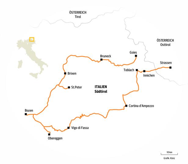 Eine Karte von Südtirol mit eingezeichneten Städten und einer orangefarbenen Route.