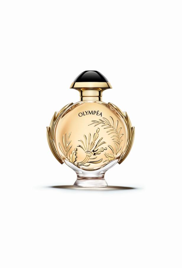 Eine Flasche „Olympéa“ Parfum mit goldenen Verzierungen.