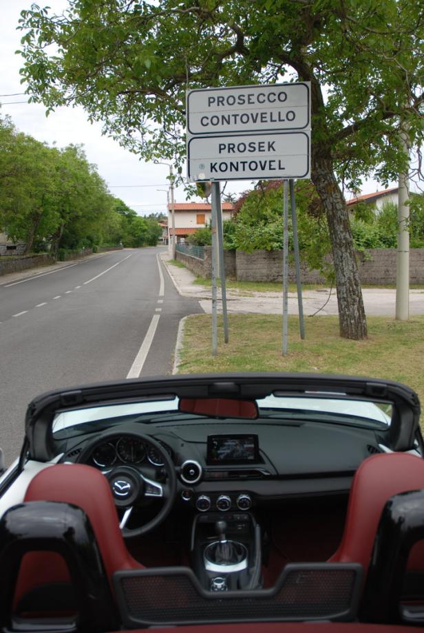 Blick aus einem Auto auf ein Ortsschild mit der Aufschrift Prosecco und Prosek.