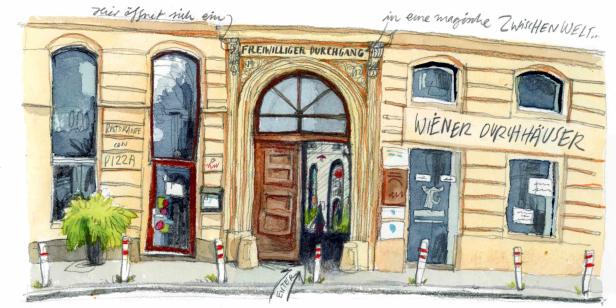 Eine Aquarellzeichnung eines Gebäudes mit der Aufschrift „Freiwilliger Durchgang“ und „Wiener Durchhäuser“.