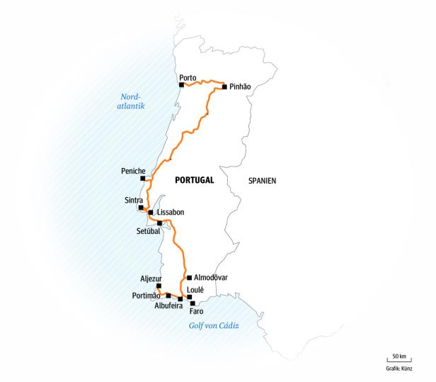 Eine Karte von Portugal mit einer hervorgehobenen Reiseroute von Porto nach Faro.