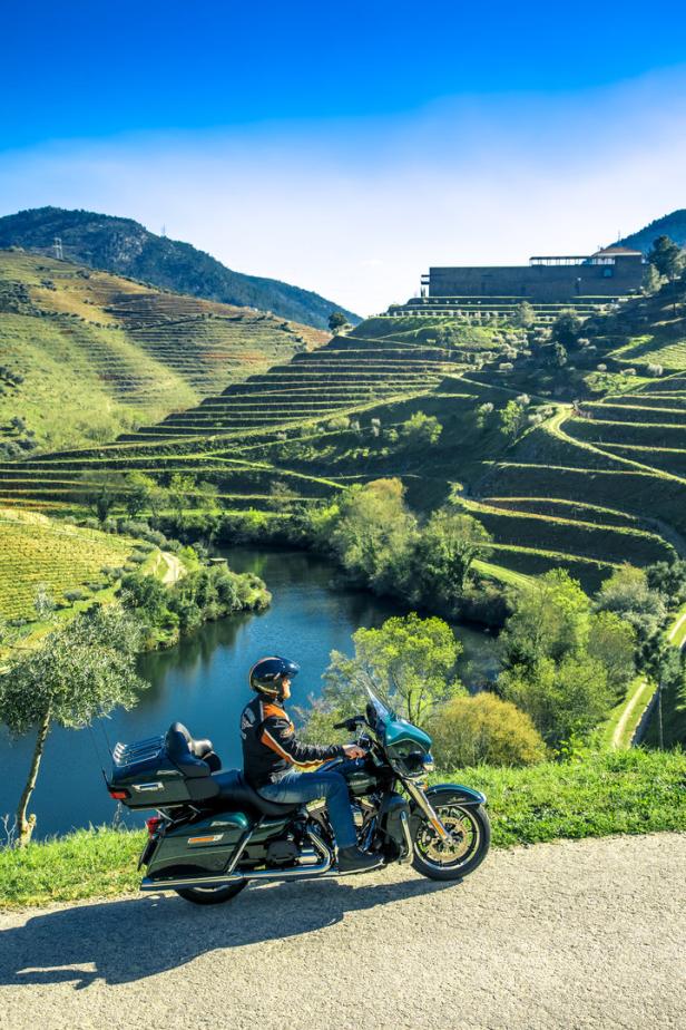 Ein Motorradfahrer auf einer Harley-Davidson vor einer terrassierten Landschaft mit einem Fluss.