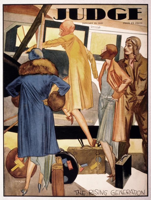 Ein Cover des „Judge“-Magazins von 1930 zeigt vier Personen, die in ein Flugzeug einsteigen.
