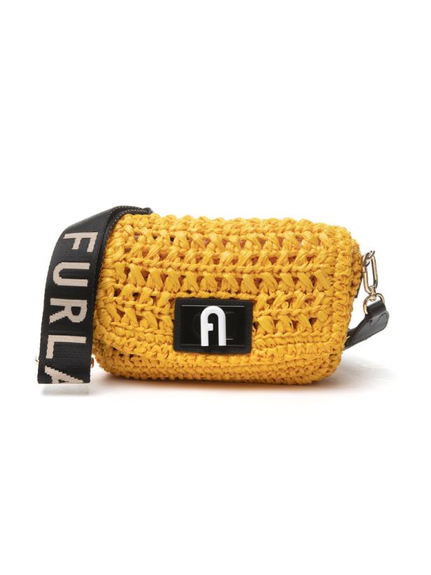 Eine gelbe, gehäkelte Furla-Handtasche mit schwarzem Riemen und Logo.