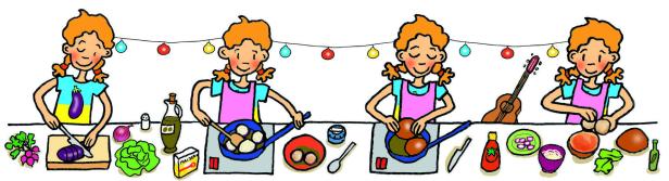Eine stilisierte Illustration, die ein Mädchen beim Kochen verschiedener Zutaten zeigt.