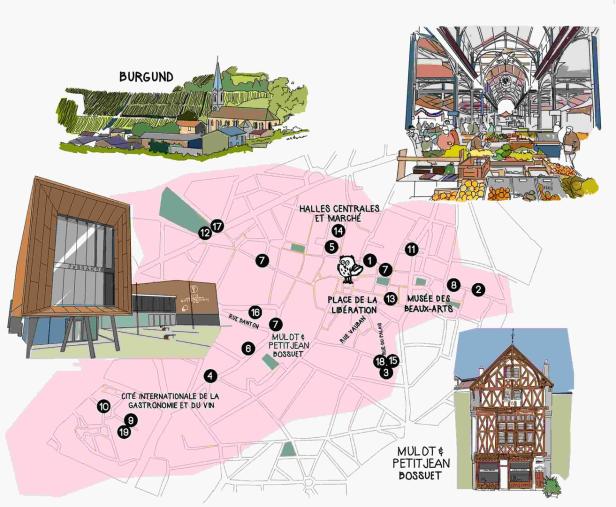 Eine illustrierte Karte von Dijon, Burgund, mit Sehenswürdigkeiten wie den Halles Centrales und dem Musée des Beaux-Arts.
