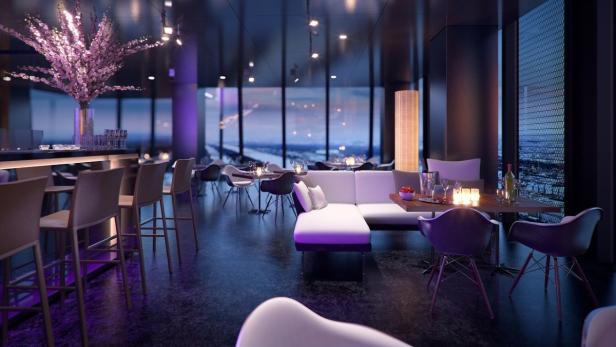 Ein moderner Barbereich mit Tischen, Stühlen und einer Couch in einem eleganten Ambiente.