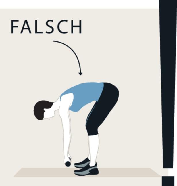 Eine Frau beugt sich mit einer Hantel in den Händen nach unten, mit dem Wort „Falsch“ darüber.