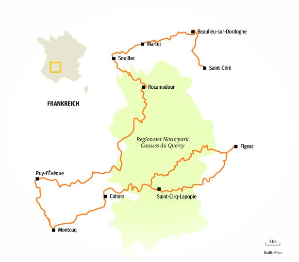 Eine Karte des Regionalen Naturparks Causses du Quercy in Frankreich mit eingezeichneten Städten und einer Reiseroute.