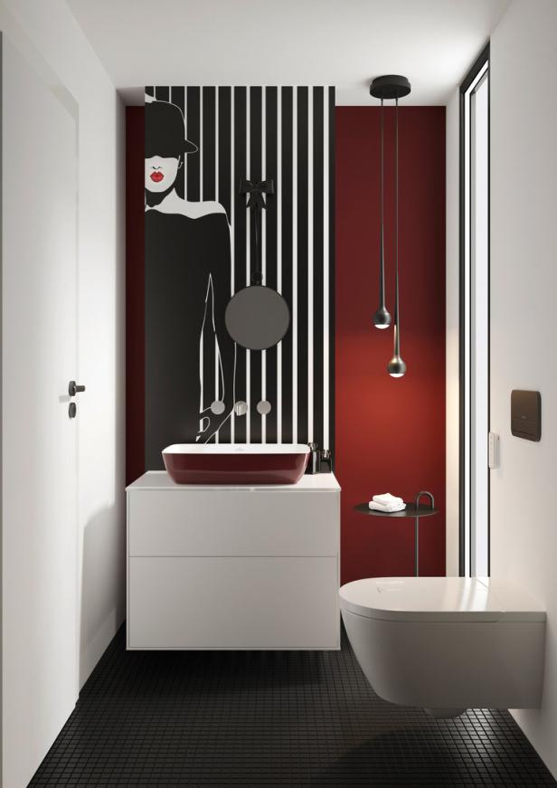 Ein Badezimmer mit einem roten Waschbecken und einer Wandkunst mit einer Frau mit Hut.