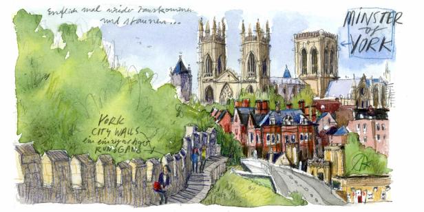 Eine Aquarellzeichnung der Stadtmauer und des Münsters von York.