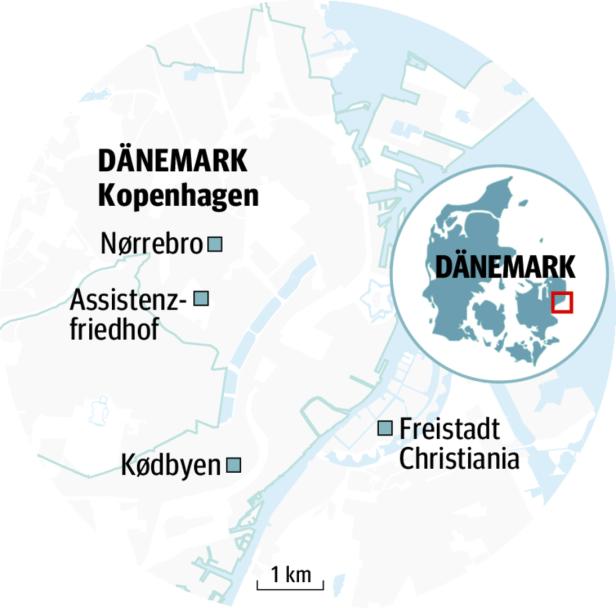 Eine Karte von Kopenhagen, Dänemark, mit hervorgehobenen Stadtteilen wie Nørrebro und Christiania.