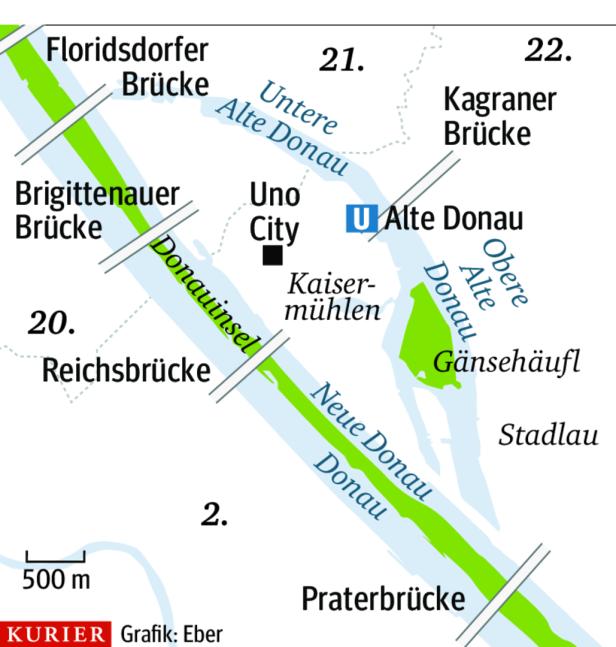 Eine Karte von Wien, die die Donau, die Donauinsel und mehrere Brücken zeigt.
