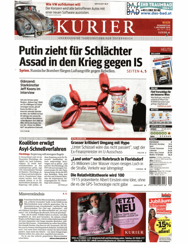 Titelseite des Kurier vom 1. Oktober 2015 mit einer roten Ballonhund-Skulptur von Jeff Koons.