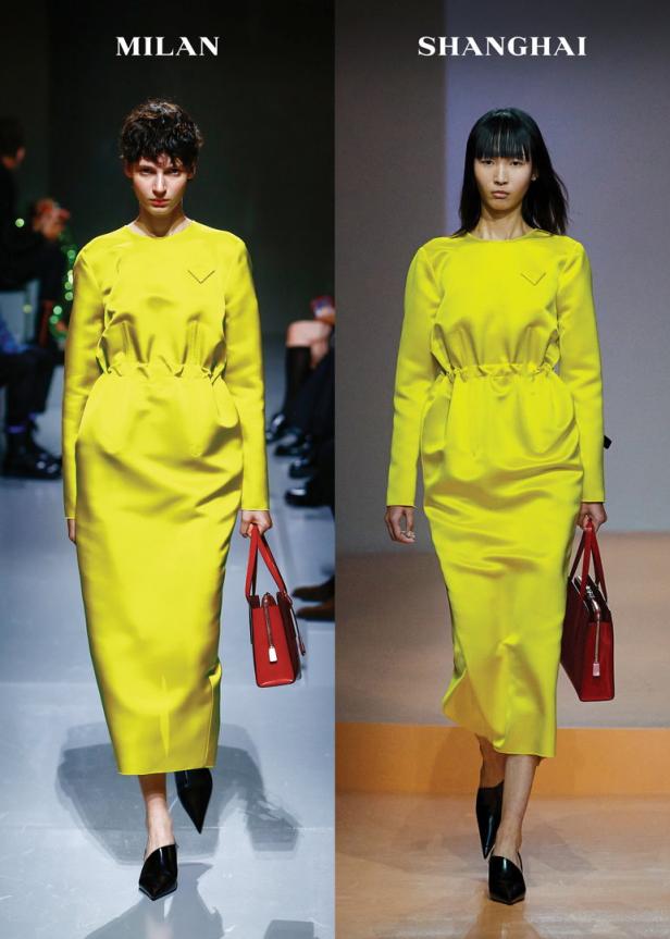 Zwei Models präsentieren ein gelbes Prada-Kleid in Mailand und Shanghai.