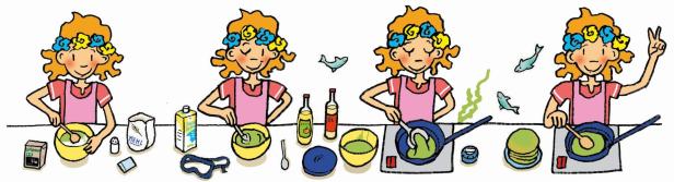 Eine Illustration zeigt ein Mädchen mit Blumenkranz, das in vier Schritten grüne Pfannkuchen zubereitet.