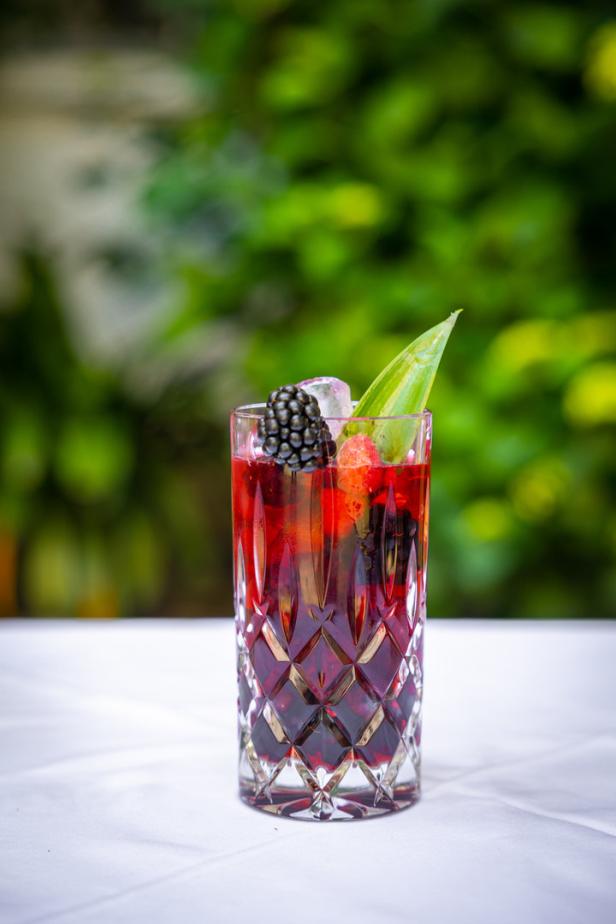 Ein Cocktail mit Brombeeren, Eis und einem Blatt in einem verzierten Glas.