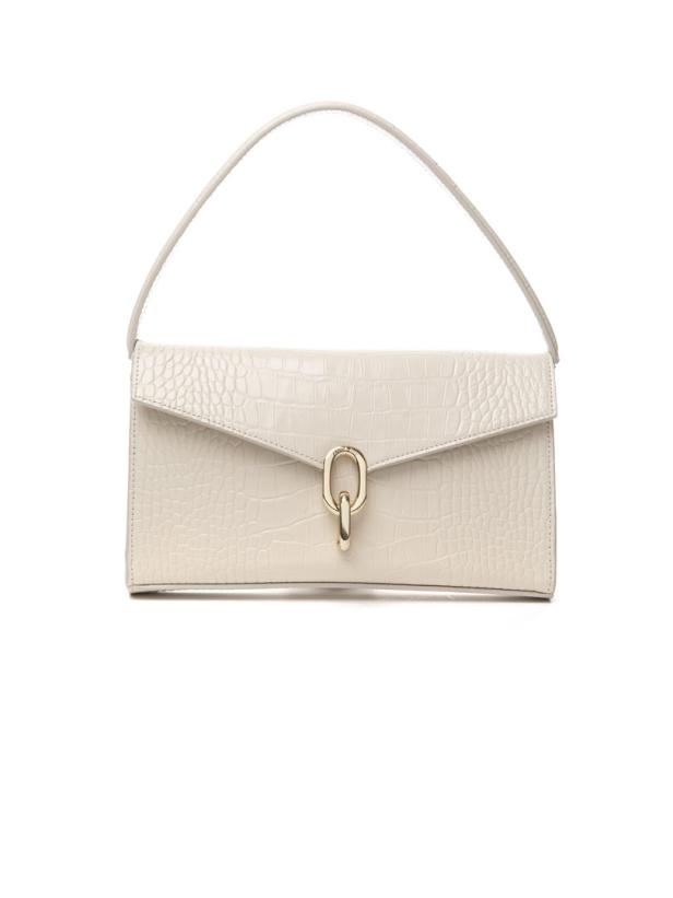 Eine rechteckige, beige Handtasche mit Kroko-Muster und goldenem Verschluss.