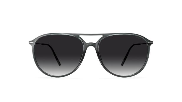 Eine graue Pilotenbrille mit dunklen Gläsern vor einem weißen Hintergrund.