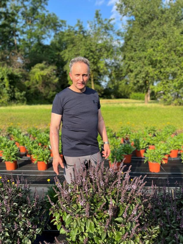 Gärtner Günter Krobath steht zwischen Pflanzentöpfen im Garten
