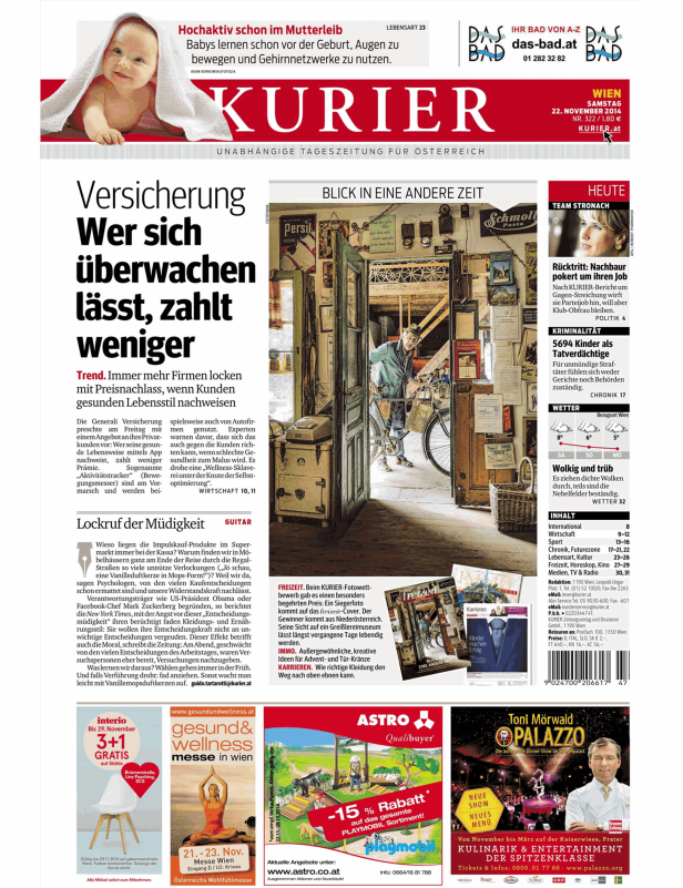 Titelseite des Kurier vom 22. November 2014 mit Artikeln zu verschiedenen Themen.