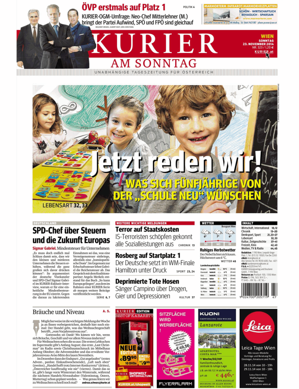 Titelseite der Zeitung „Kurier am Sonntag“ vom 23. November 2014 mit Kindern im Vorschulalter.