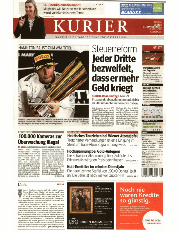 Titelseite des Kurier vom 24. November 2014 mit Lewis Hamilton und Nachrichten.