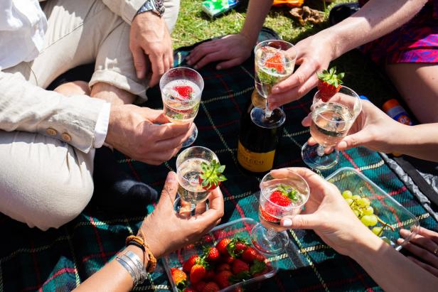 Eine Gruppe von Menschen prostet mit Sektgläsern und Erdbeeren bei einem Picknick.