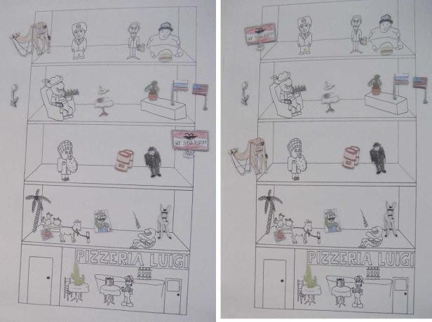 Eine gezeichnete Szene mit mehreren Ebenen, darunter eine Pizzeria namens „Pizzeria Luigi“.