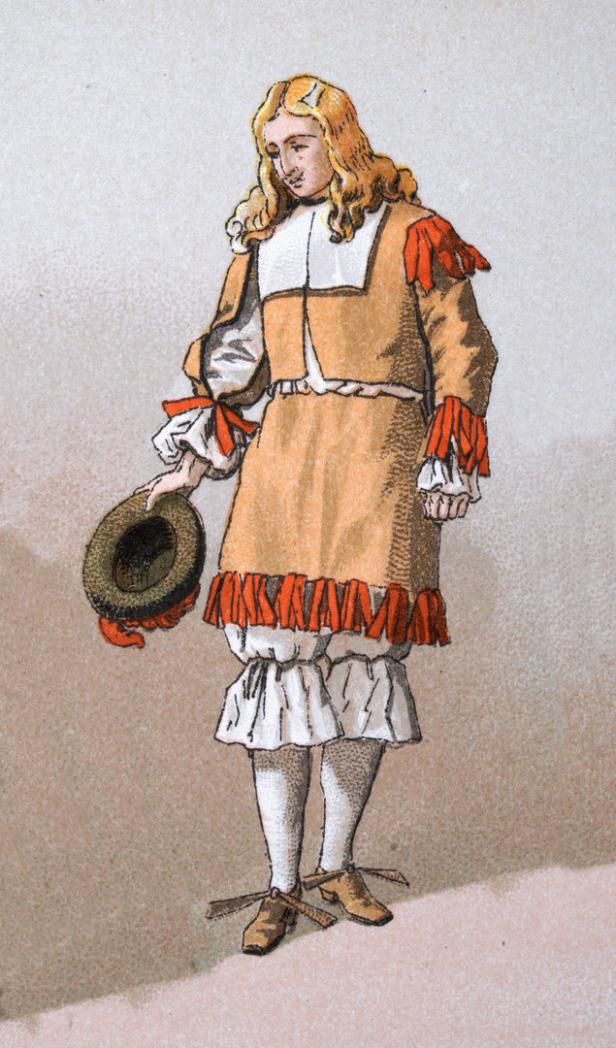 Ein junger Mann in historischer Kleidung hält einen Hut in der Hand.