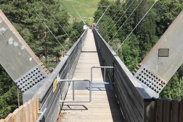 Blick von einer hölzernen Hängebrücke auf eine grüne Landschaft.