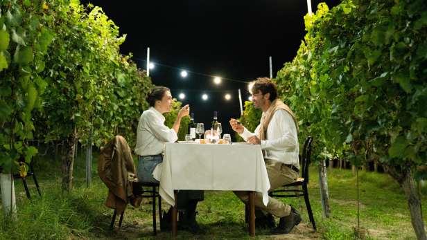 Ein Paar genießt ein Abendessen mit Wein in einem Weinberg bei Nacht.