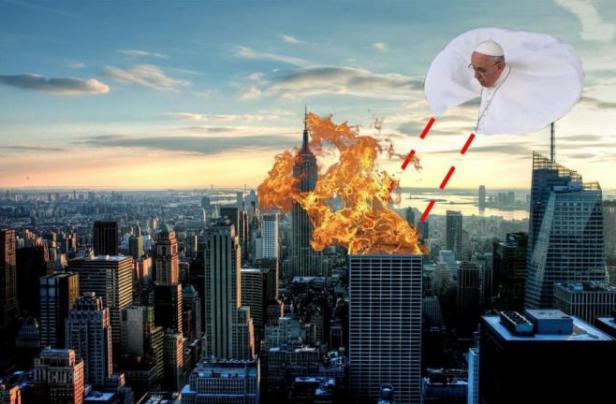 Papst Franziskus schwebt über New York, während ein Gebäude in Flammen steht.