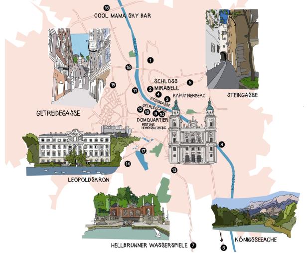 Eine illustrierte Karte von Salzburg mit Sehenswürdigkeiten wie Schloss Mirabell und der Getreidegasse.