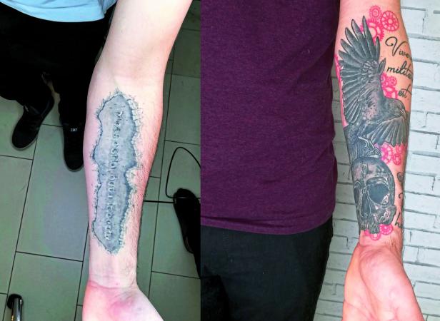 Ein Vorher-Nachher-Vergleich von zwei Tattoo-Designs auf einem Unterarm.