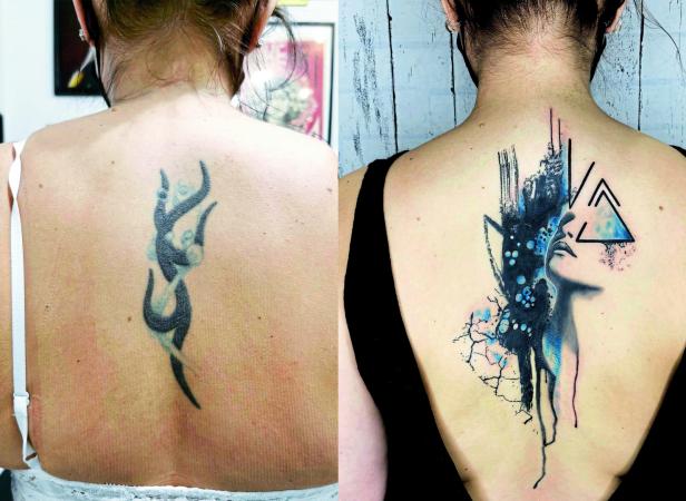 Ein Vorher-Nachher-Vergleich eines Tattoo-Cover-ups auf dem Rücken einer Frau.